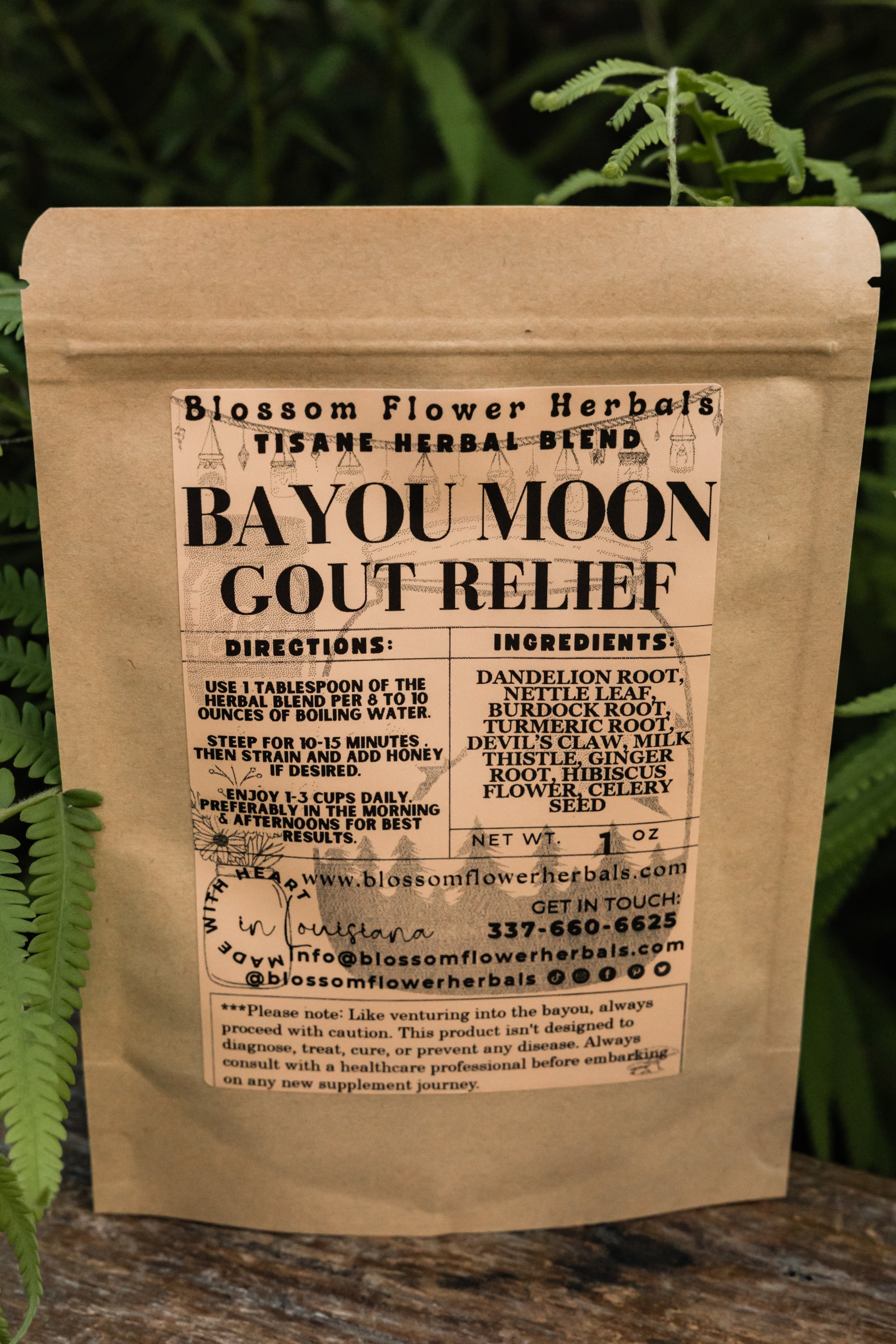 Bayou Moon Gout Relief herbal blend packaging with text on a natural background