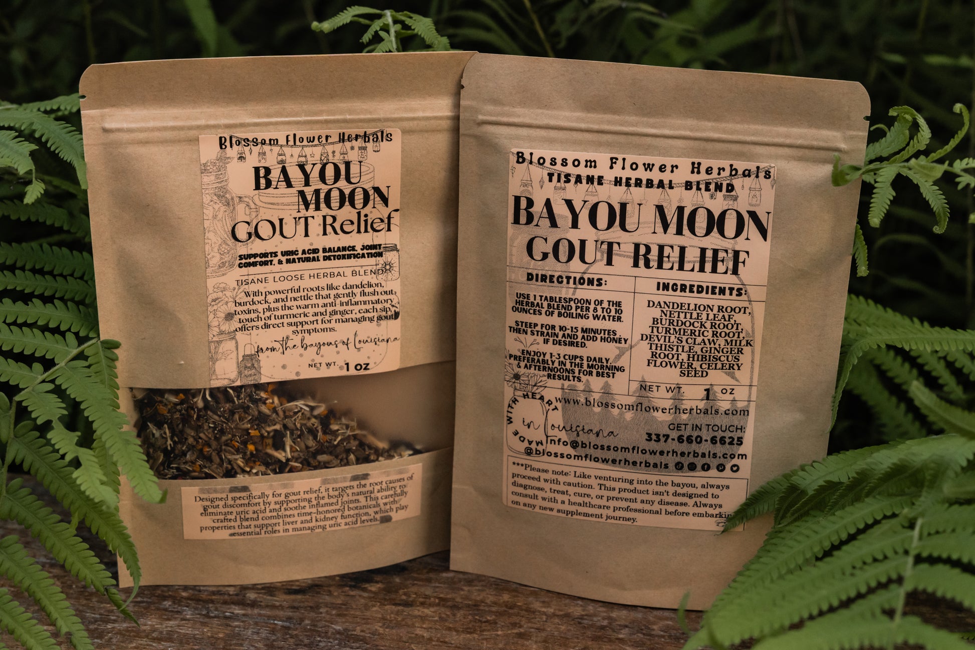 Two packages of Bayou Moon Gout Relief with labels on a green leafy background