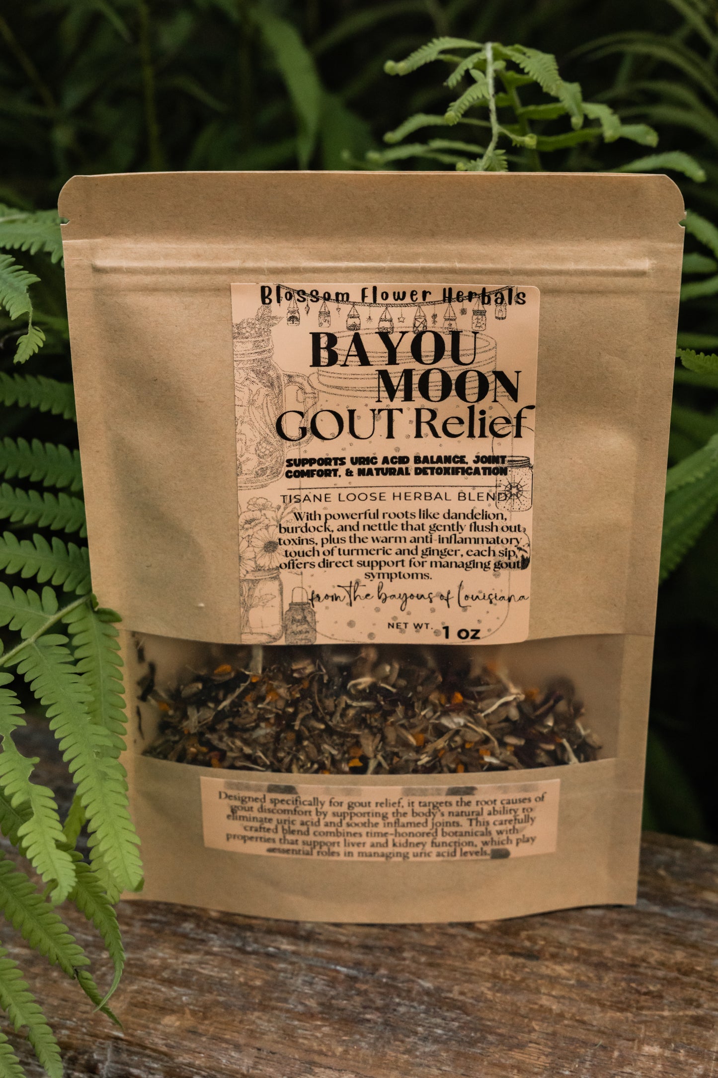 Herbal tea package labeled 'Bayou Moon Gout Relief' with a natural background