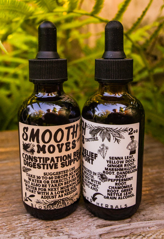 Smooth Moves herbal extract by Blossom Flower Herbals in a 2 oz amber glass bottle for digestive support.