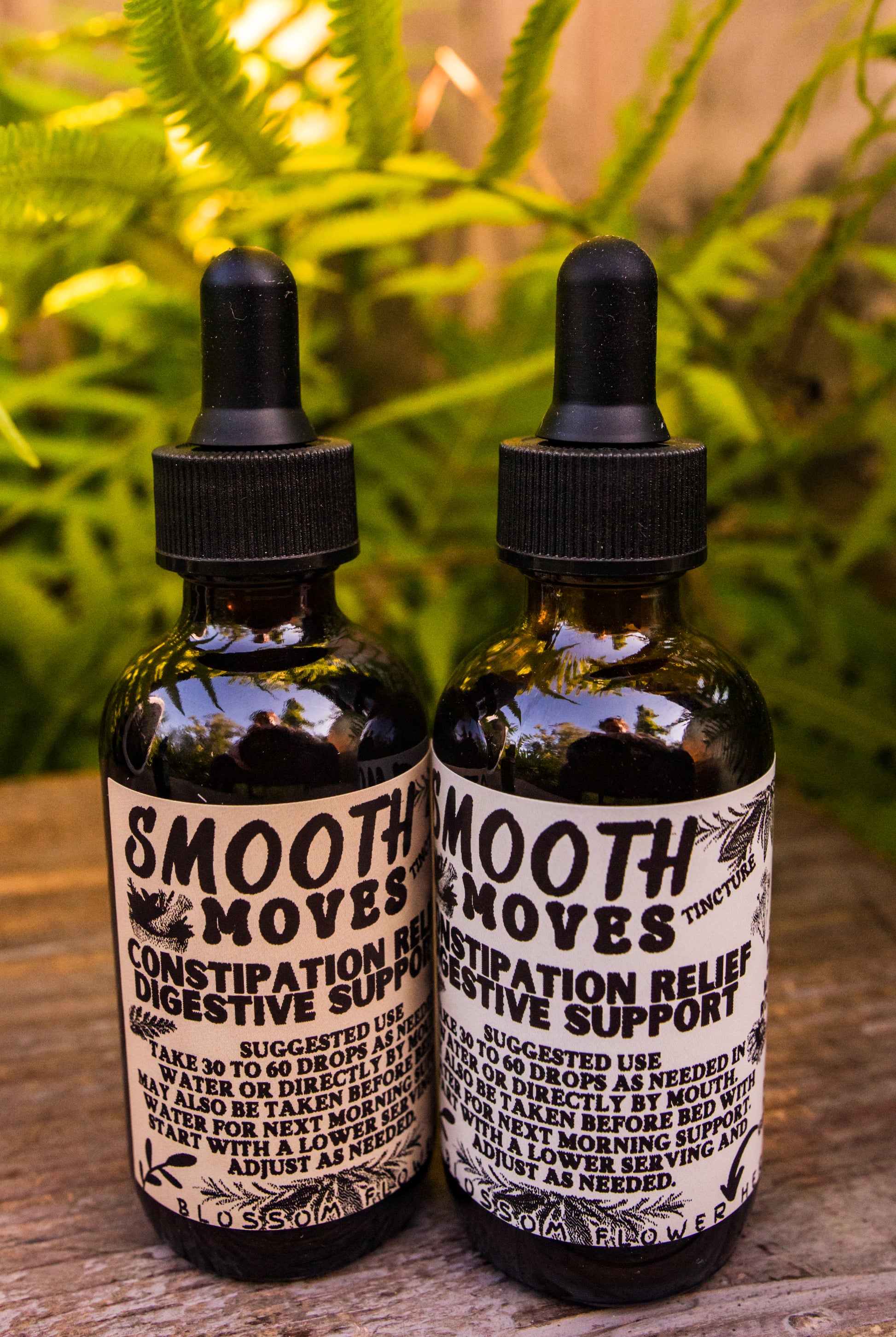 Smooth Moves herbal extract by Blossom Flower Herbals in a 2 oz amber glass bottle for digestive support.